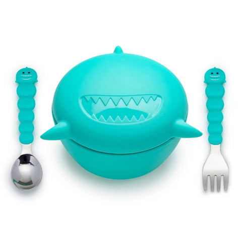 Melii Silicone Animal Bowl with Lid & Utensils-shark