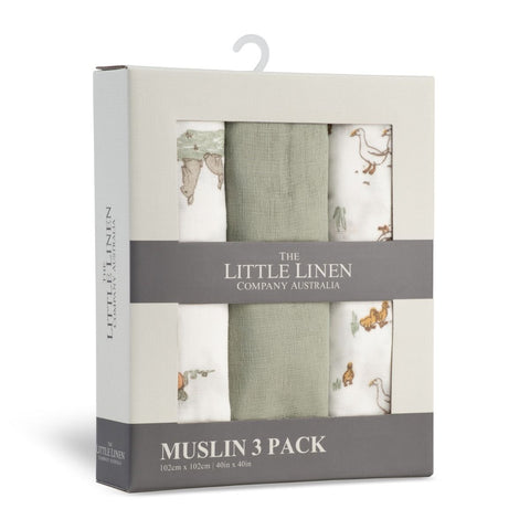 LITTLE LINEN MUSLIN WRAP 3PK - FARMYARD LAMB