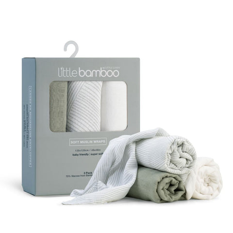 LITTLE LINEN  BAMBOO MUSLIN WRAPS 3PK - BAYLEAF