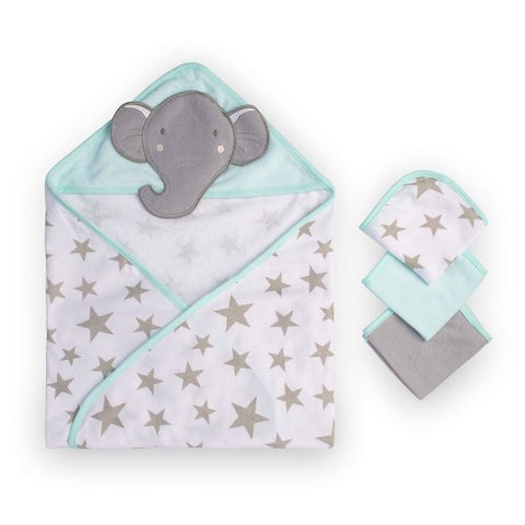 LITTLE LINEN COMPANY HOODED TOWEL & WASHERS ELEPHANT STAR