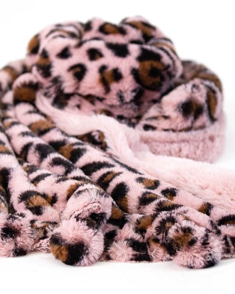 LITTLE LINEN WEEGOAMIGO PLUSH POM POM BLANKET -LEOPARD PINK