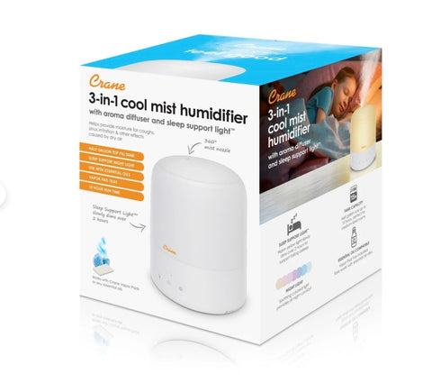 Crane 3 in 1 Cool Mist Humidifier, Aroma Diffuser & Sleep Support Light – 1.9L