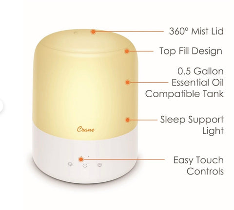 Crane 3 in 1 Cool Mist Humidifier, Aroma Diffuser & Sleep Support Light – 1.9L