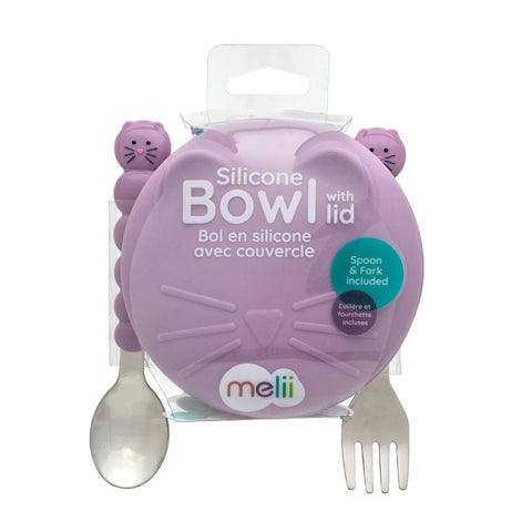 Melii Silicone Animal Bowl with Lid & Utensils-cat
