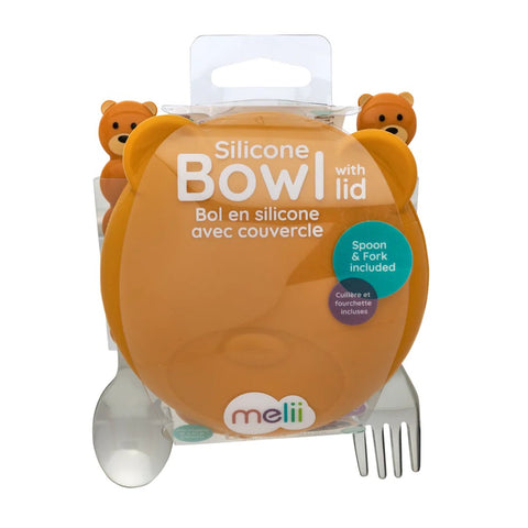 Melii Silicone Animal Bowl with Lid & Utensils-bear