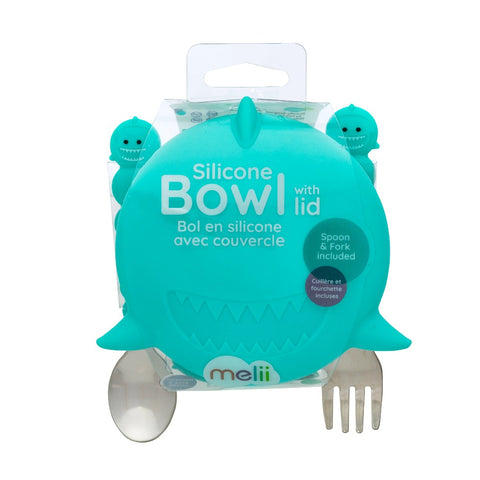 Melii Silicone Animal Bowl with Lid & Utensils-shark