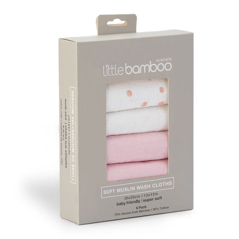 LITTLE LINEN BAMBOO MUSLIN WASHERS 6PK - DUSTY PINK