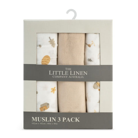 LITTLE LINEN MUSLIN WRAP 3PK - NECTAR BEAR