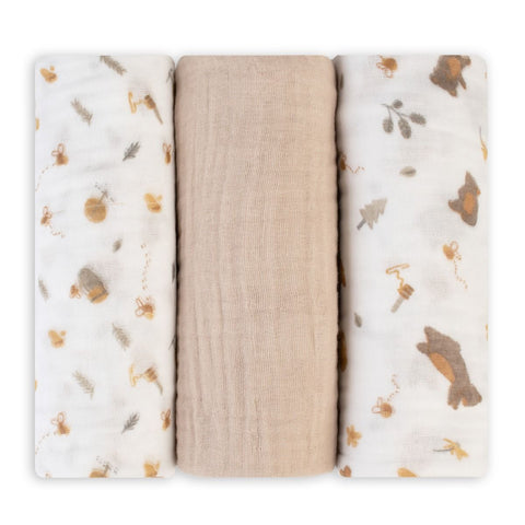 LITTLE LINEN MUSLIN WRAP 3PK - NECTAR BEAR