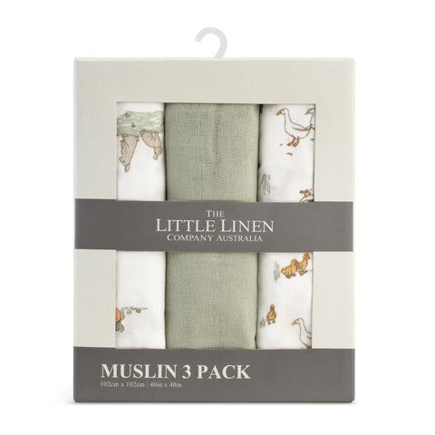 LITTLE LINEN MUSLIN WRAP 3PK - FARMYARD LAMB